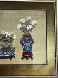 Chinese school: a set of three 'Floral Arrangements' paintings, ink and colour on silk, Republic