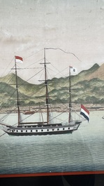 Kawahara Keiga 川原慶賀 (Japan, 1786-1860): 'Two Dutch Vessels Anchored off Deshima Harbour', gouache on silk, seal mark, 19th C.