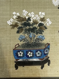 Chinese school: a set of three 'Floral Arrangements' paintings, ink and colour on silk, Republic