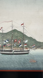Kawahara Keiga 川原慶賀 (Japan, 1786-1860): 'Two Dutch Vessels Anchored off Nagasaki Bay', gouache on silk, seal mark, 19th C.