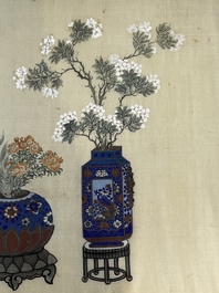 Chinese school: a set of three 'Floral Arrangements' paintings, ink and colour on silk, Republic