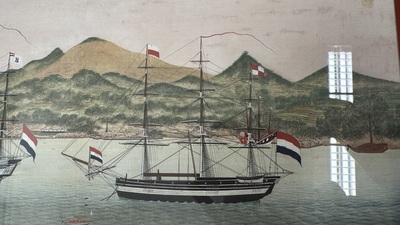 Kawahara Keiga 川原慶賀 (Japan, 1786-1860): 'Two Dutch Vessels Anchored off Deshima Harbour', gouache on silk, seal mark, 19th C.