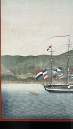 Kawahara Keiga 川原慶賀 (Japan, 1786-1860): 'Two Dutch Vessels Anchored off Nagasaki Bay', gouache on silk, seal mark, 19th C.