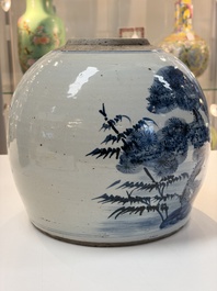 A Chinese turquoise-glazed Guanyin, a white-glazed bottle vase and a blue and white jar, 19th C.