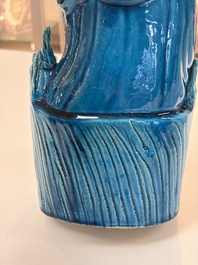 A Chinese turquoise-glazed Guanyin, a white-glazed bottle vase and a blue and white jar, 19th C.