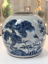A Chinese turquoise-glazed Guanyin, a white-glazed bottle vase and a blue and white jar, 19th C.