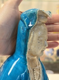 A Chinese turquoise-glazed Guanyin, a white-glazed bottle vase and a blue and white jar, 19th C.