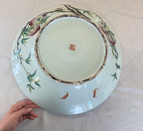 A large Chinese famille rose 'Nine Peaches' dish, Qianlong mark, 20th C.