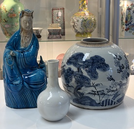 A Chinese turquoise-glazed Guanyin, a white-glazed bottle vase and a blue and white jar, 19th C.