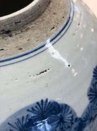 A Chinese turquoise-glazed Guanyin, a white-glazed bottle vase and a blue and white jar, 19th C.