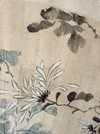 Chinese school: a framed painted fan with flowers, ink and colour on paper, dated 1924