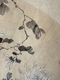 Chinese school: a framed painted fan with flowers, ink and colour on paper, dated 1924