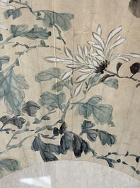 Chinese school: a framed painted fan with flowers, ink and colour on paper, dated 1924