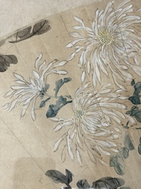 Chinese school: a framed painted fan with flowers, ink and colour on paper, dated 1924