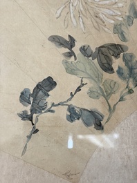 Chinese school: a framed painted fan with flowers, ink and colour on paper, dated 1924
