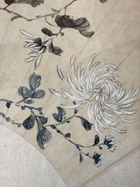 Chinese school: a framed painted fan with flowers, ink and colour on paper, dated 1924