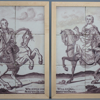 A pair of Dutch Delft manganese orangist equestrian portrait panels with Willem V and Willemina, 18th C.