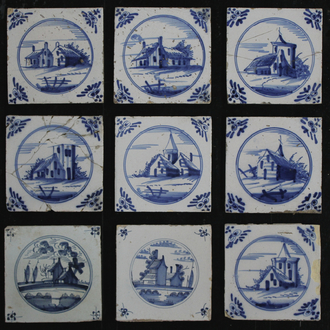 A set of 19 Dutch Delft blue and white tiles with various designs, 17th/18th C.
