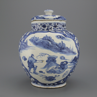 A very early blue and white Delftware but probably Haarlem maiolica chinoiserie jar and cover ca. 1630