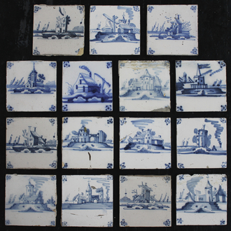 A set of 27 Dutch Delft blue and white tiles with various scenes, 18th/19th C.