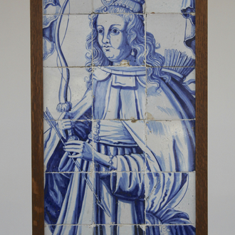 A Dutch Delft blue and white part tile panel of Diana, goddess of the hunt, 17th C.