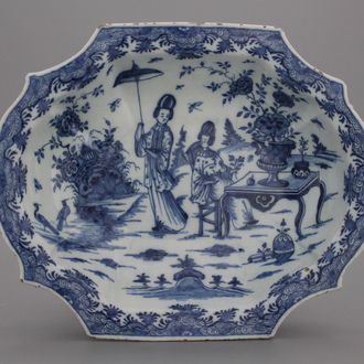A Dutch Delft blue and white chinoiserie rectangular basin with ladies in a garden, ca. 1720