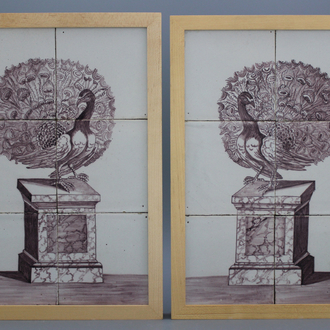 A pair of manganese Dutch Delft tile panels with peacocks, 18th C.
