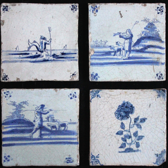A set of 4 Delft blue and white tiles with various scenes, possibly Lille or Ghent, 17th C.