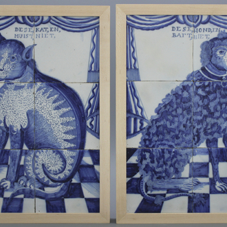A pair of Dutch Delft blue and white tile panels with a cat and a dog below curtains, 18th C.
