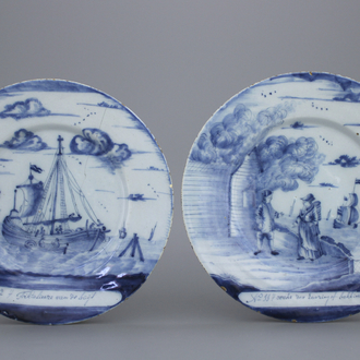 A pair of Dutch Delft blue and white herring plates, 18th C.