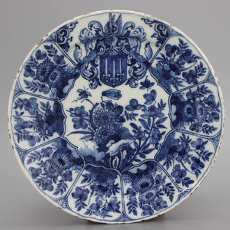 A Dutch Delft blue and white armorial plate, late 17th C.