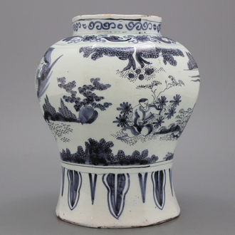 A Dutch Delft blue and white baluster vase in transitional style, late 17th C.