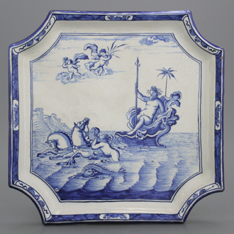 A Dutch Delft blue and white mythological rectangular dish with Poseidon and Triton, 18th C.