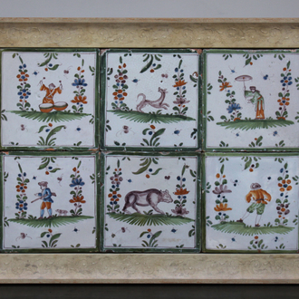 A framed set of 6 rectangular French faience Bordeaux tiles, 18th C.