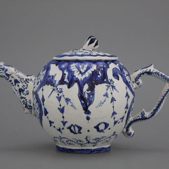 A French faience blue and white teapot, late 18th C.