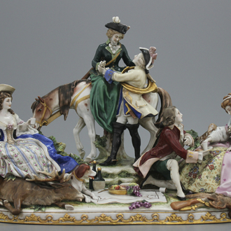 A large German porcelain group with a pic-nic scene after the hunt, Scheibe Alsbach, 19th/20 C.