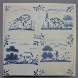 A set of 4 German blue and white Delft tiles, 18th C.