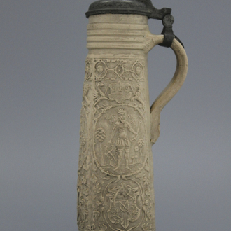 A Siegburg stoneware pewter-mounted schnelle, dated 1589