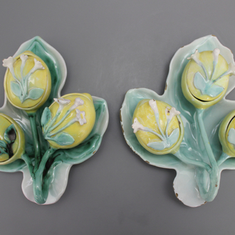 A pair of German faience tri-lobed spice boxes modelled as water lilies, 18th C.