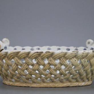 A Brussels faience two-handled oval ajour basket, 18th C.