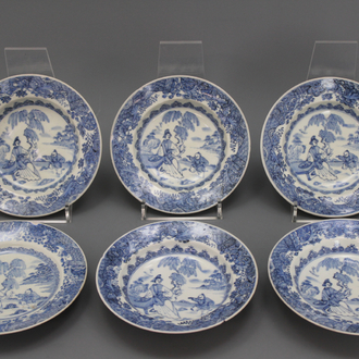 Lot van 6 kleine blauw en witte diepe borden in Chinees porselein, 18e-19e eeuw.