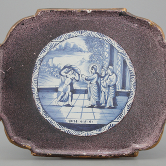 A biblical Frisian Delft rectangular presentoir, 18th C.