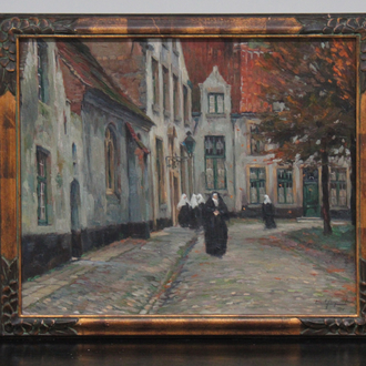 Lionel Poupaert (1900-1989), "Begijntjes in het Brugse Begijnhof", olie op paneel, gedateerd 1917