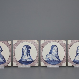 Lot van 4 Delftse koninlijke portrettegels, ca 1700