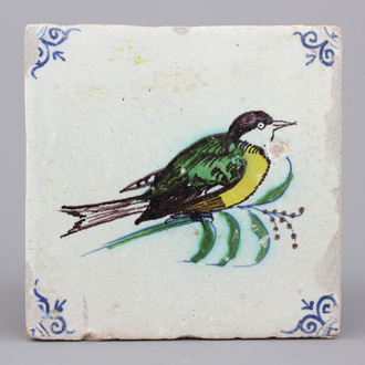 Polychrome Delftse tegel met vogel, 17e eeuw