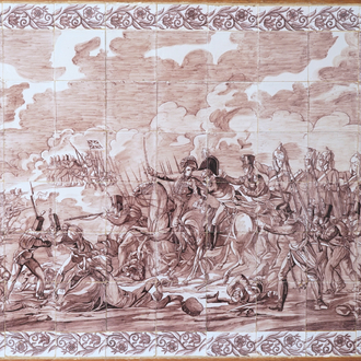Groot Delfts tegeltableau in mangaan met de voorstelling van "De Slag van Waterloo", ca 1820