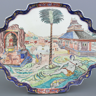 Grande plaque en faïence de Delft à petit feu et doré, décor scéne de la ville biblique de Sodom, env. 1720
