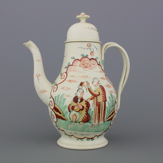 Cafetière couverte anglaise "creamware", peinte en Hollande, Leeds, 18e
