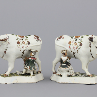 Paire de trayeurs et vaches en blanc de Delft, peinte froide, 18e