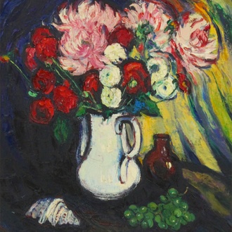 Robertine Devooght (1904-1979), Stilleven met bloemen, schelp en druiven